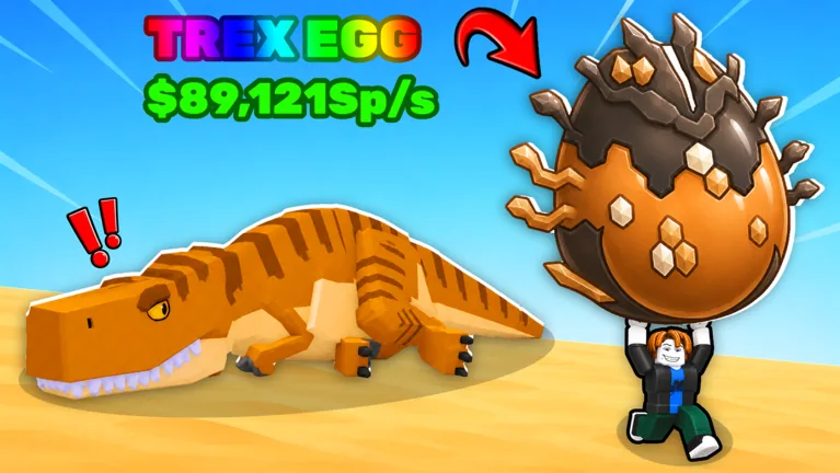 Official art: a player lifts the T-Rex egg