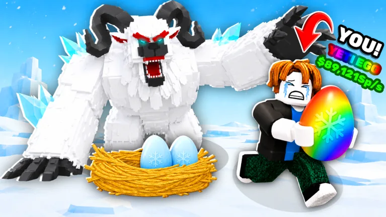 Official art: the yeti chases a player carrying an egg